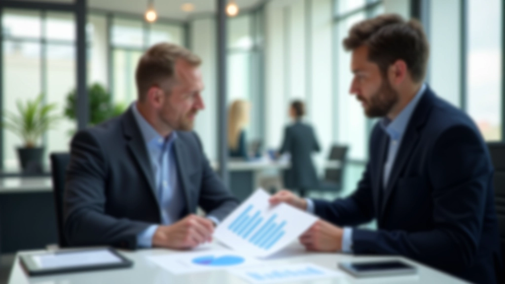 Geschäftsleute im modernen Büro, Diskussion an Schreibtisch mit Grafiken