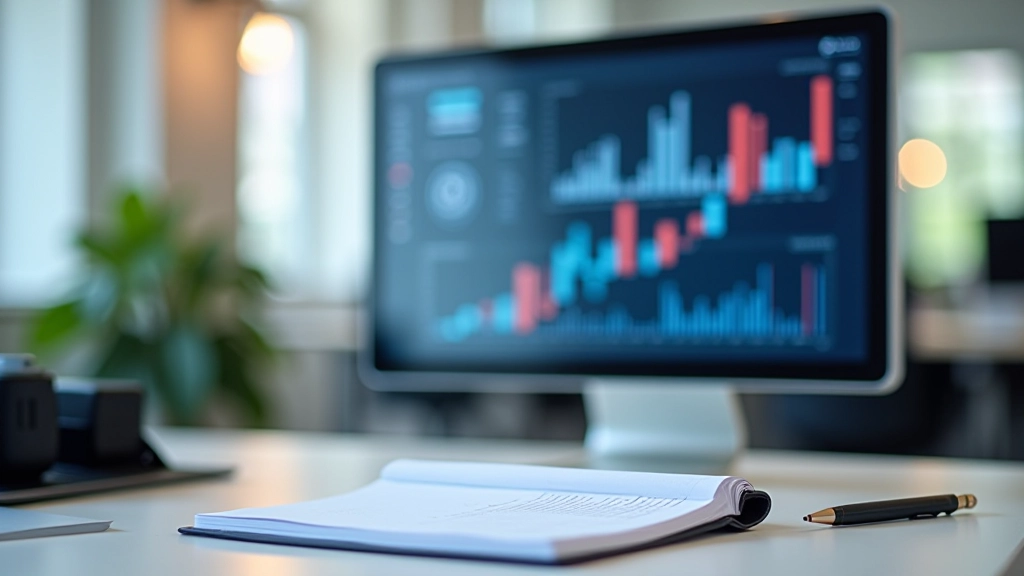 Statistik-Monitor mit Arbeitsmarktdaten, Notizbuch und Kugelschreiber