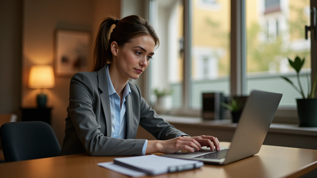 Frau mit Laptop und Notizen am Schreibtisch, konzentriert, modernes Büro