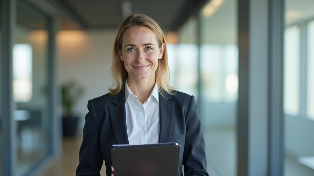 Profesionelle Trainerin oder Mentorin mit Clipboard im modernen Schulungsraum, obere Körperhälfte, konzentriert