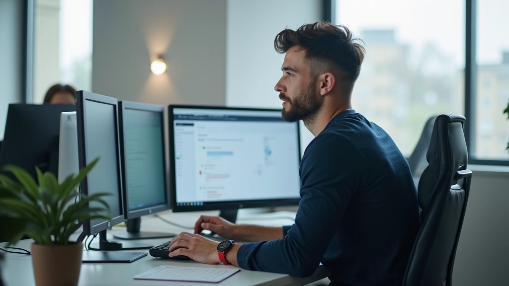 Entwickler arbeitet an mehreren Monitoren in modernem Tech-Office, helles Licht