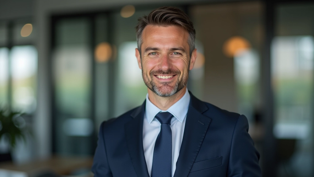 Arbeitsmarktanalyst im Alter von 40, Portrait aus Brustansicht, modernes Büro, vertrauenswürdiger Blick