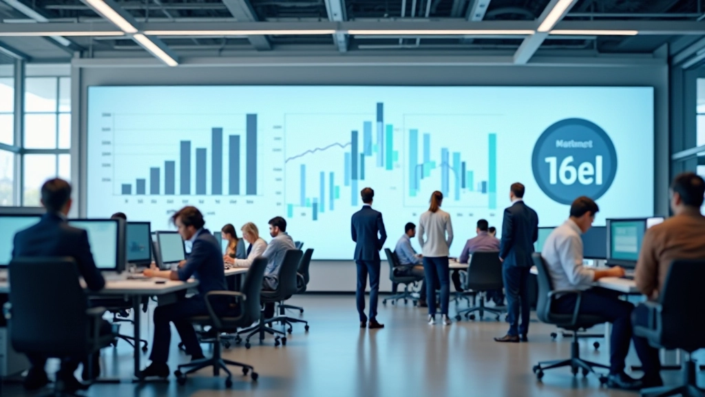 Moderner Arbeitsmarkt mit Fachkräften in technologischem Umfeld, helles Büro mit Statistik-Displays