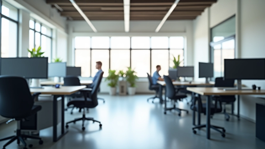 Arbeitsplatz mit Computern und Schreibtischen in modernem Tech-Büro, mehrere Arbeitsplätze nebeneinander