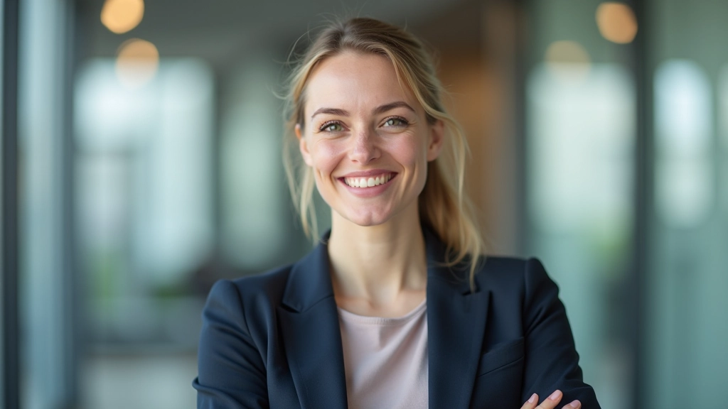 Datenanalystin im Alter von 35, Portrait aus Brustansicht, professionelles Umfeld, freundlicher Ausdruck